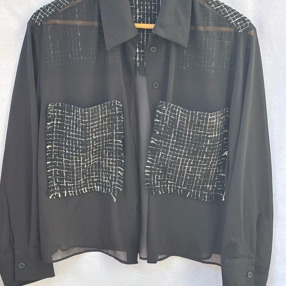 Zara Tops - Zara Sheer Black Blouse with White Patterned Pockets